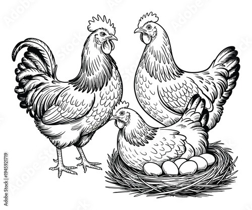 Vintage of a Rooster and Two Hens with Eggs in a Nest