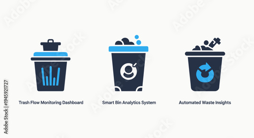 Automated waste management icons for smart bin analytics and trash flow monitoring dashboard