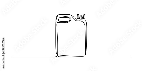Continuous line drawing of a plastic jerrycan container with a handle and screw cap on a white background. Vector, illustration