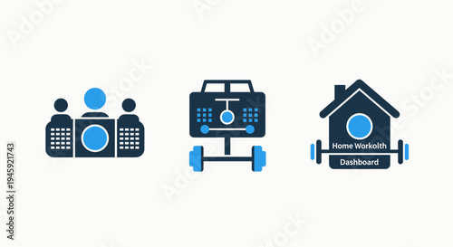Home workout dashboard and fitness training icons for personal exercise management