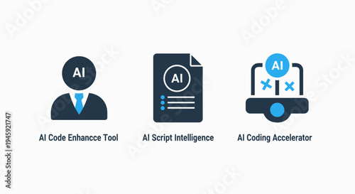 Ai code enhancement and script intelligence icons for artificial intelligence development