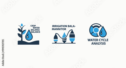 Agricultural water management and crop irrigation balance system icons for sustainable farming technology
