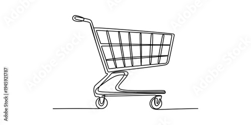 A minimalist continuous line art illustration of an empty shopping cart on a white background Vector, illustration