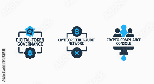 Cryptocurrency digital token governance and compliance audit network icons for blockchain finance technology