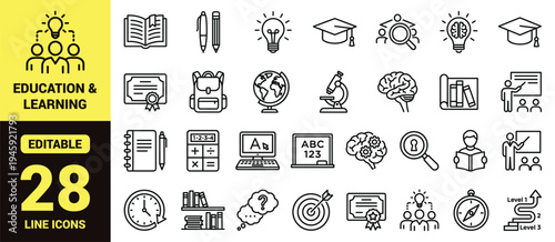 Education and learning icon set with academic tools, research, studying, creativity, science, achievement, teaching, and high‑ranking classroom elements in clean modern line‑art vector style