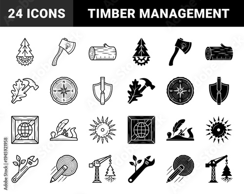 Hybrid Woodworking and Forestry Management Symbols Merging Organic Timber Elements with Industrial Tools and Sustainable Growth Concepts