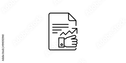 A line art icon illustrating a document with a rising line graph and a hand holding it Vector, illustration