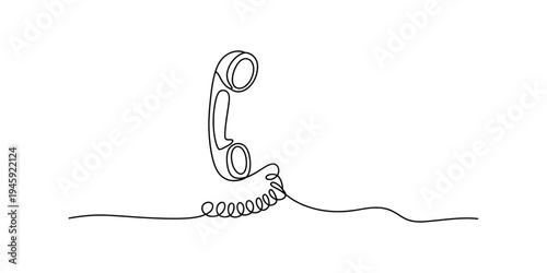 Continuous line art drawing of a vintage telephone receiver and coiled cord on a white background Vector, illustration