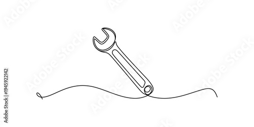 A continuous line drawing illustration of a wrench or spanner on a plain white background. Vector, illustration