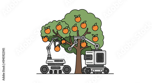 Robotic orange picking machine harvests fruit.