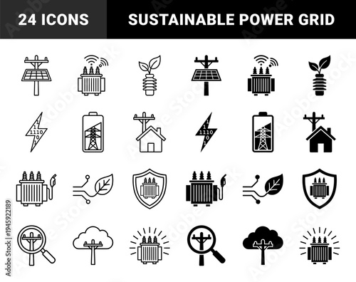 Smart Grid Infrastructure and Green Energy Management Icons Featuring Hybrid Power Transformers Solar Panels and Sustainable Electric Utility Symbols