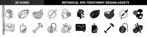 Organic Skincare and Holistic Wellness Icons Featuring Hybrid Designs of Botanicals Combined with Beauty Products and Spa Treatment Elements