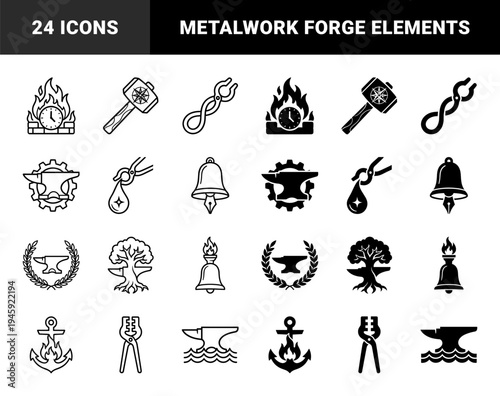 Blacksmith Workshop Hybrid Symbols Combining Anvil Hammer Tongs and Flame Elements with Clock Tree Bell Anchor and Gear Imagery in Minimalist Style