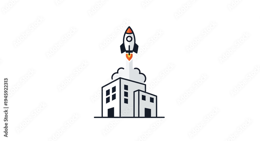 Fototapeta premium Rocket Ship Launching from Building Top.