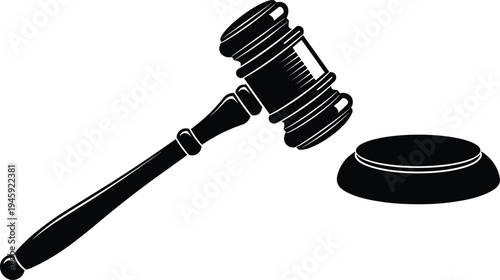 Judge gavel silhouette, law symbol, justice icon, courtroom authority, legal decision, abstract illustration, legal concept, stock vector