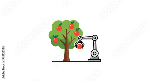 Robot picking apple from tree.