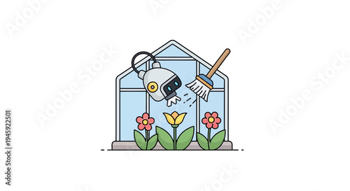 Robot watering flowers in greenhouse.