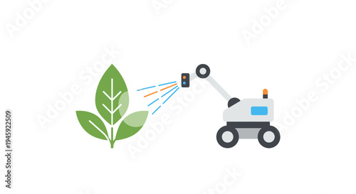 Robot watering green leaf plant.