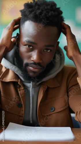 Portrait of a young man with a beard sitting at a desk, looking focused and contemplative. He wears a brown jacket and gray hoodie in a bright indoor setting.