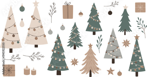 Minimalist Christmas Tree Collection with Scandinavian Holiday Decorations, Gift Boxes, Ornaments, Candles and Festive Winter Vector Illustration Set