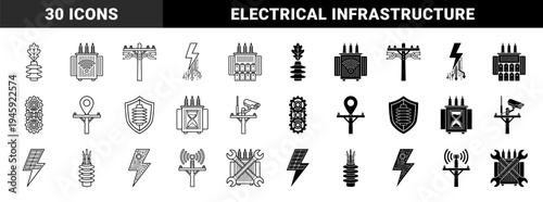 Hybrid Electrical Grid and Smart Infrastructure Icons Featuring Power Transformers Integrated with Data Signals Battery Storage and Maintenance Tools