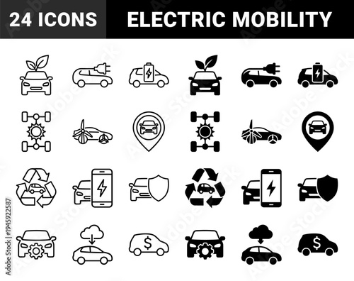 Sustainable electric vehicle and smart mobility icons featuring hybrid concepts like wind turbine cars and eco friendly battery charging technology