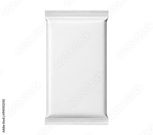 Blank white chocolate bar or snack flow pack packaging mockup isolated on black background. Clean wrapper template for confectionery branding or product label design.