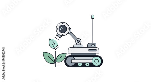 Robot with mechanical arm and wheels.