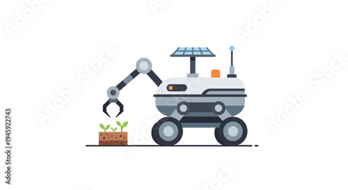 Robot with mechanical arm holding plant.