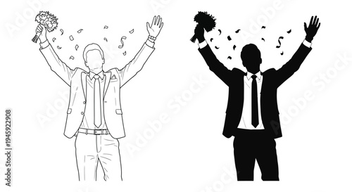 Wedding groom celebrating victory throwing confetti and holding bridal bouquet vector illustration