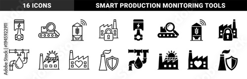 Industrial manufacturing and sustainable energy icon set featuring hybrid designs of factory structures with solar panels hearts and safety shields