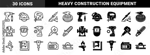 Heavy Duty Power Tool Collection with Integrated Material Process Symbols Featuring Hybrid Industrial Hardware and Construction Equipment Design
