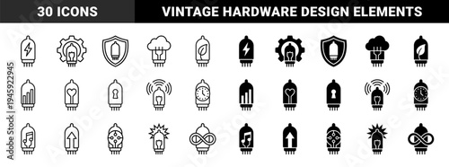 Hybrid Vacuum Tube Icons Merging Retro Analog Electronics with Modern Symbols for Technology Energy and Data Processing Concepts