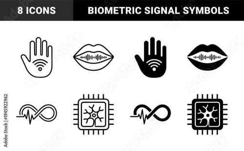 Hybrid biometric and neural interface symbols featuring hand with signal wave mouth with frequency and synaptic chip in outline and solid styles