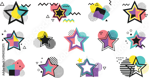 Memphis Style Star Shape Abstract Geometric Collection with Colorful Retro Patterns, Pop Art Elements, and 90s Design Vector Illustration Set