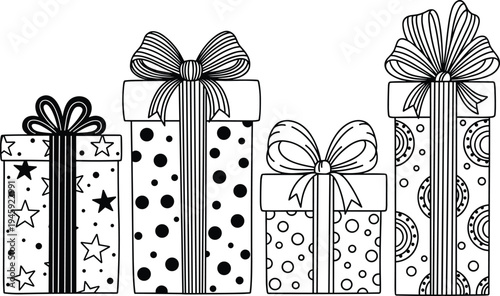 Illustration of four decorative gift boxes with unique ribbon bows and festive patterns, ideal for holiday, birthday, celebration, or party design themes.