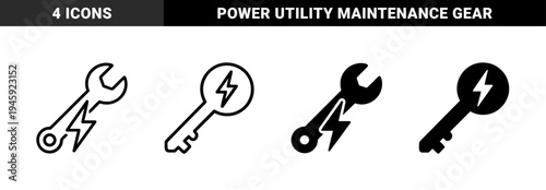 Hybrid electrical service and financial energy icons featuring lightning bolt symbols merged with wrench key and dollar sign tools