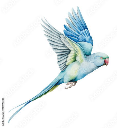 Colorful blue parrot in flight painted in soft watercolor layers.