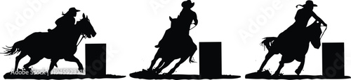 Barrel racing cowboy silhouette set, western rodeo horse rider action, equestrian speed sport illustration, ranch competition vector design