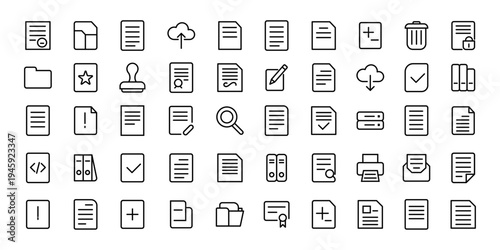 Document set of web icons in line style. Documents linear icon collection. Containing contract papers, folder, certificate, accept, approved, clipboard, invoice, archive. Document management line icon