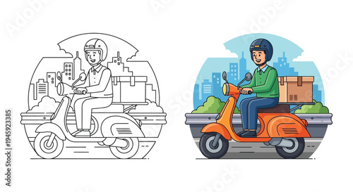 Online delivery courier character driving a scooter with a package through a city vector illustration.