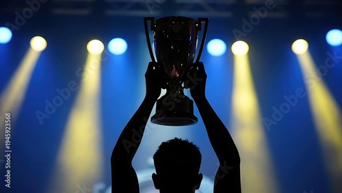 Silhouette of Champion Holding Trophy Cup High with Blue and Yellow Stage Lights Background for Victory Success and Achievement Concept