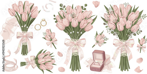 Elegant Pink Tulip Bouquet Wedding Collection with Romantic Floral Arrangements, Ribbon Bows, Engagement Ring Box and Soft Botanical Vector Illustration Set