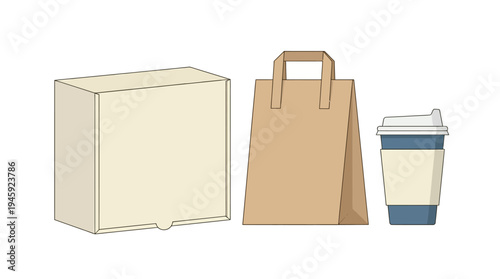 takeout food packaging and coffee cup.