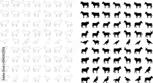 Grid of animal silhouettes and outlines featuring cows, horses, deer, birds, and donkeys, ideal for educational, classification, or design reference themes.