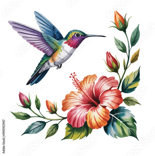 Graceful hummingbird reaching flower nectar in delicate watercolor style.