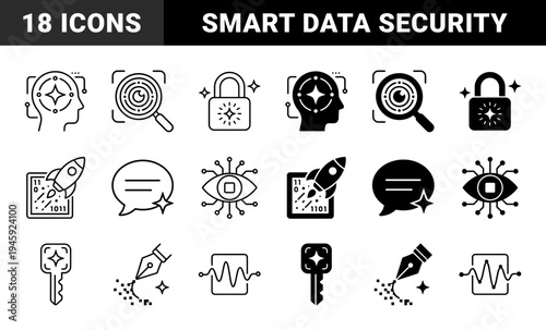Hybrid Artificial Intelligence and Data Security Icon Set Featuring Neural Network Minds Magnifying Glass Surveillance and Encrypted Rocket Launches