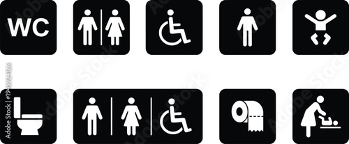 Restroom toilet icon set with WC sign, men women symbols, wheelchair accessibility, bathroom facilities pictogram vector illustration collection