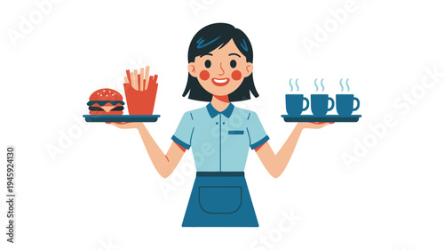 Waitress Holding Trays Serving Fast Food and Coffee Isolated on White Cartoon Illustration