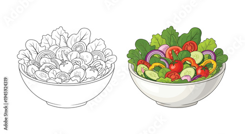 Side-by-side vector graphic showing a healthy vegetable salad ready for coloring and its colorful counterpart.